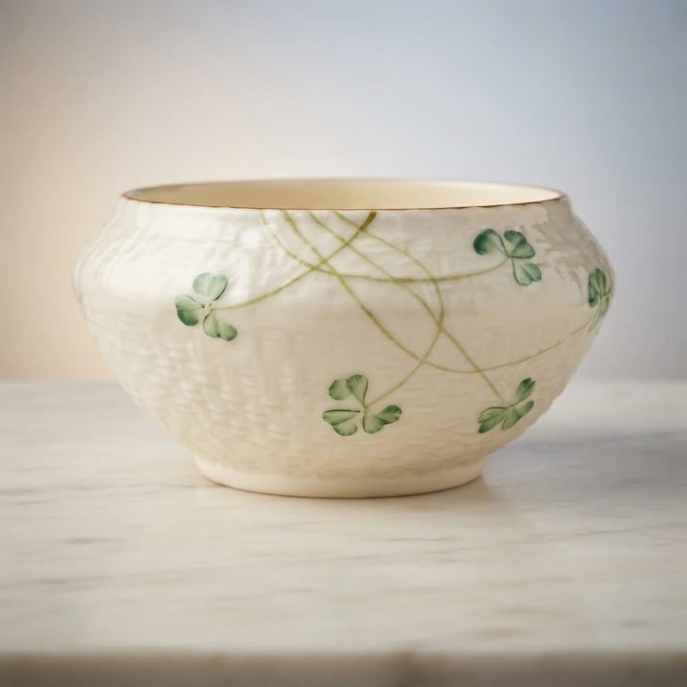 Vintage Belleek Shamrock Irish Basketweave Sugar Bowl 6th Green Mark Porcelain